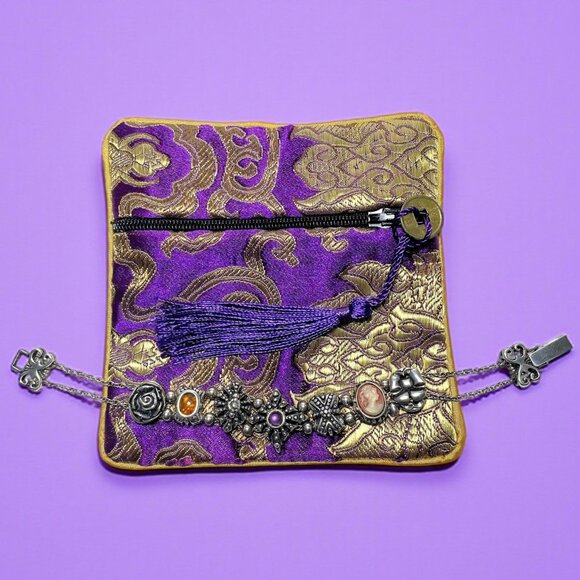 Vintage Victorian Sterling Silver Revival Slide Charm Bracelet w/ Travel Bag - Picture 4 of 9